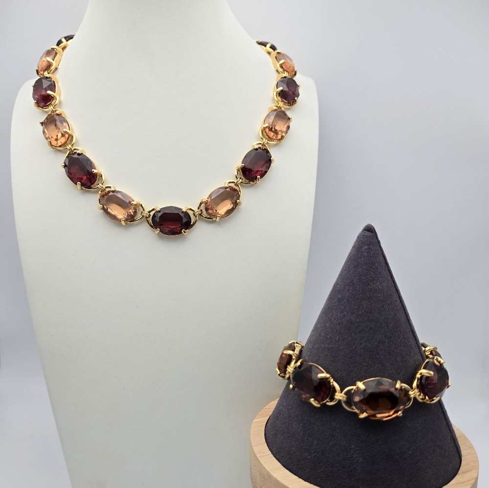 Swarovski Swan Crystal Set Necklace Bracelet Goldtone Glass Bezel Vintage Vtg